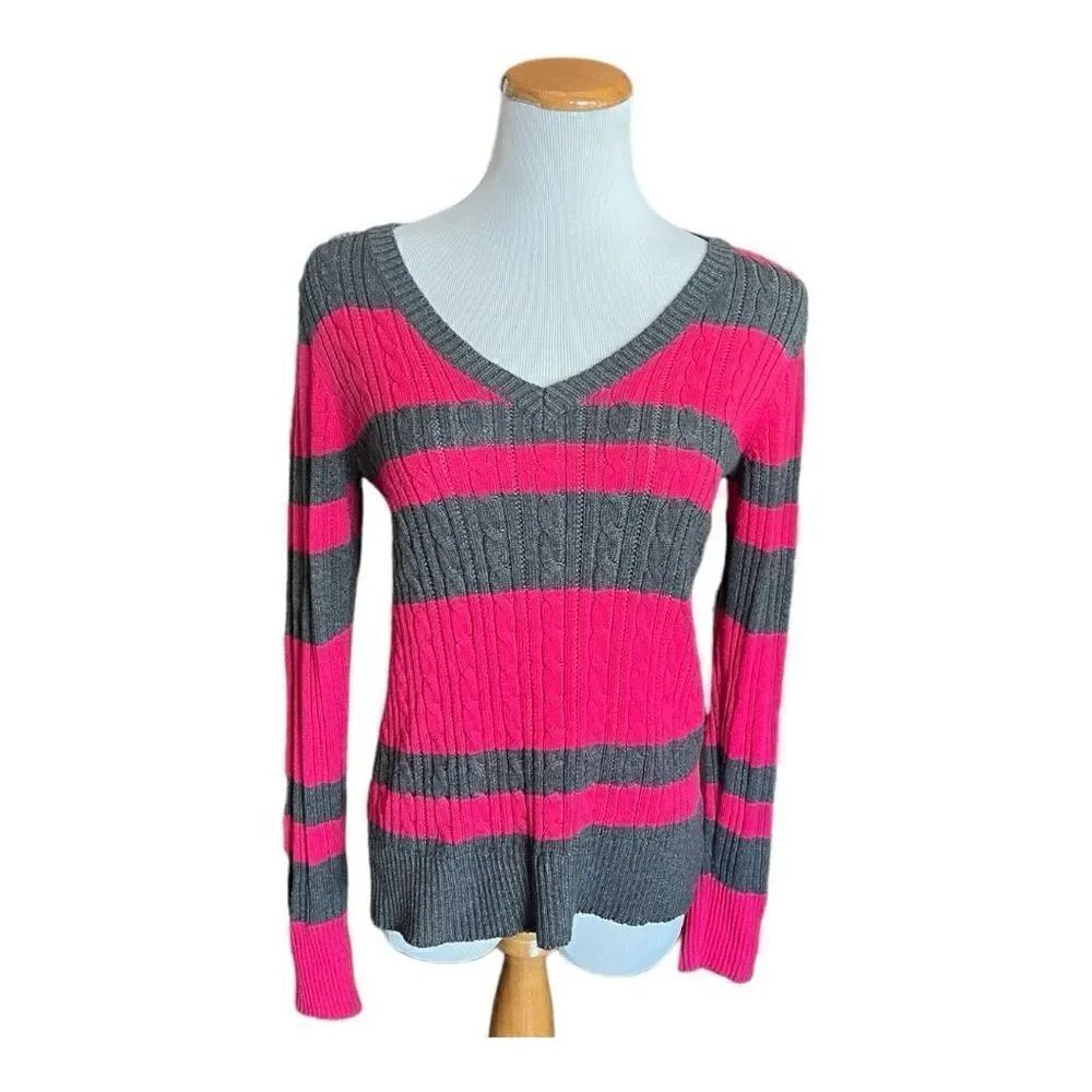 Womens Arizona Jean Co Cable Knit V Neck Striped Sweater - Sz XL